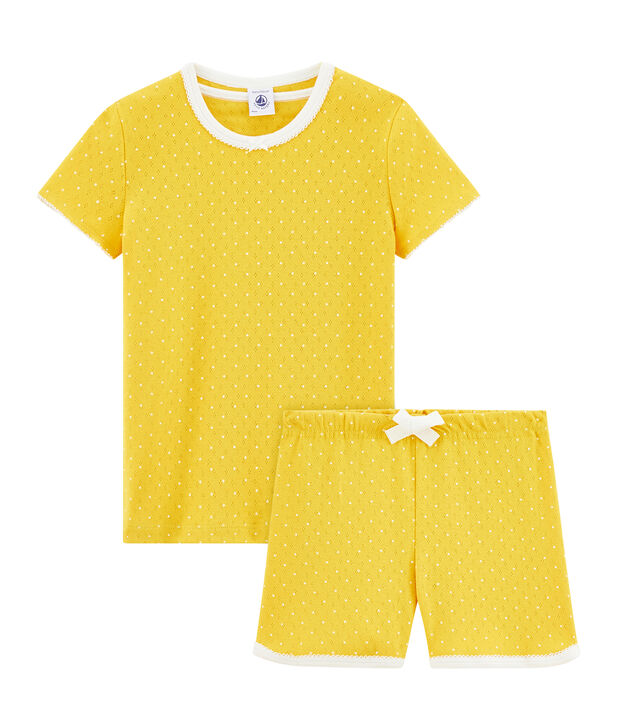 Pigiama corto bambina a costine giallo/bianco