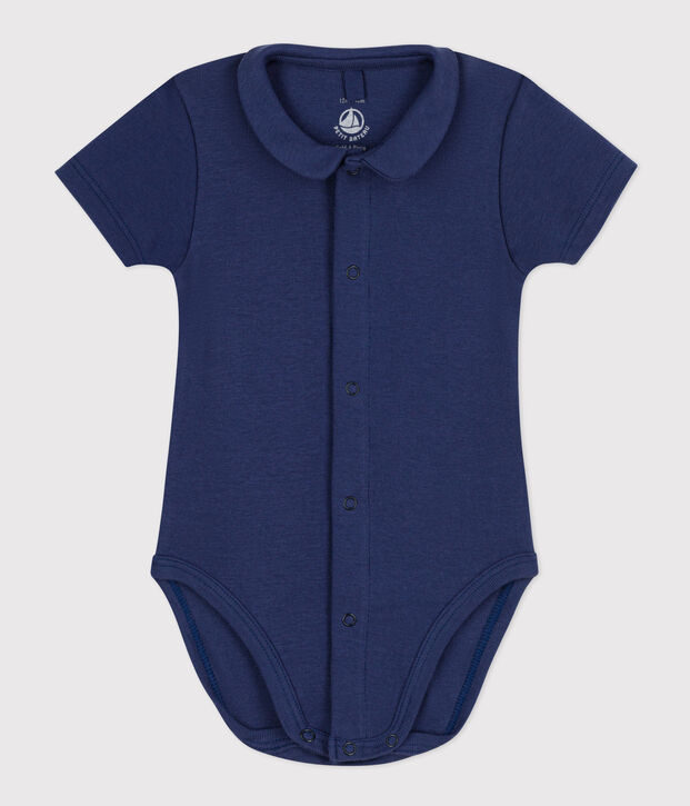Body beb&egrave; a manica corta con colletto in cotone blu