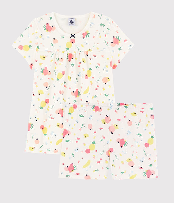 Pigiama corto fantasia frutta estiva bambina in cotone biologico bianco MARSHMALLOW/bianco MULTICO