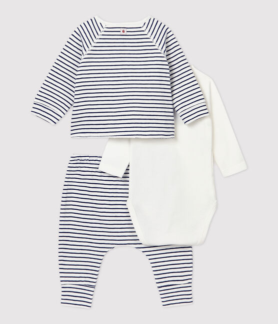 Completo 3 pezzi a righe bebè in cotone biologico bianco MARSHMALLOW/blu SMOKING