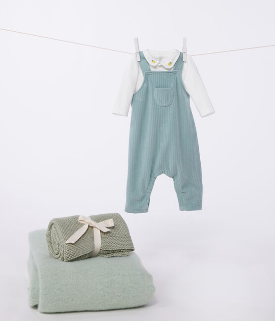 Completo nascita composto da salopette e body in cotone ricamato verde PAUL