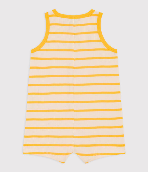 Tuta corta beb&egrave; in maglia a costine a righe ecru/giallo