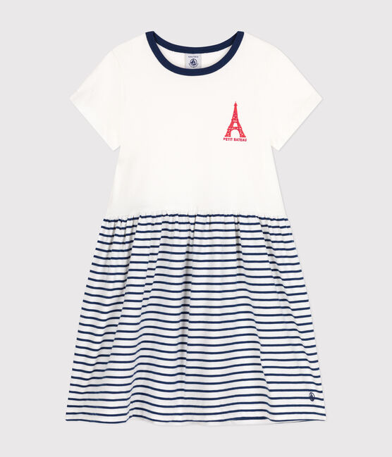 Abito a maniche corte in cotone bambina bianco MARSHMALLOW/blu MEDIEVAL