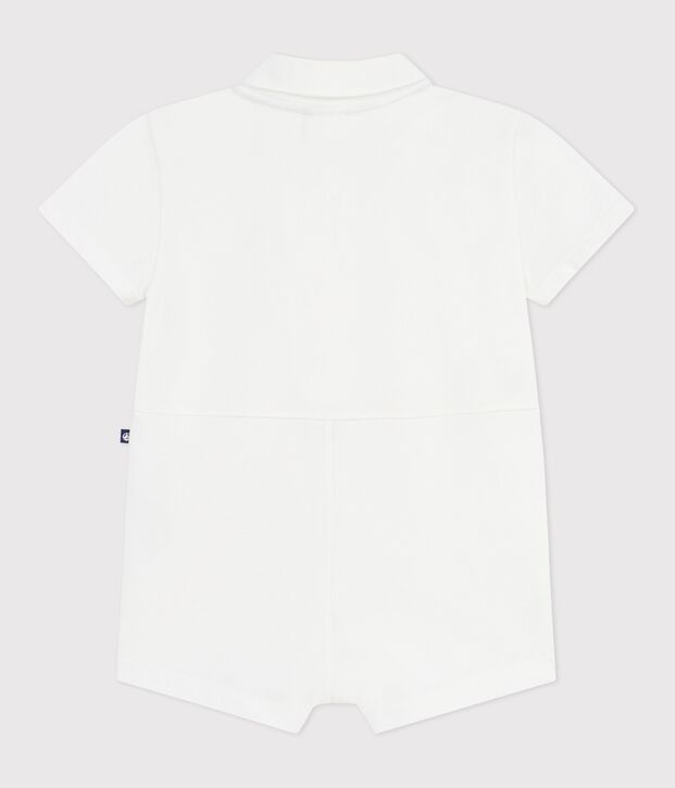 Tutina corta con colletto a polo in cotone tinta unita neonato bianco