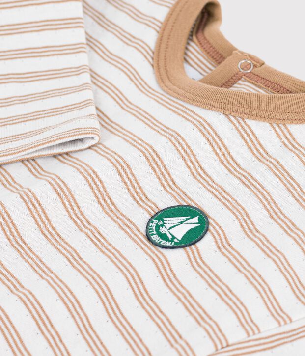 T-shirt a maniche lunghe in cotone a righe neonato. beige/ecru