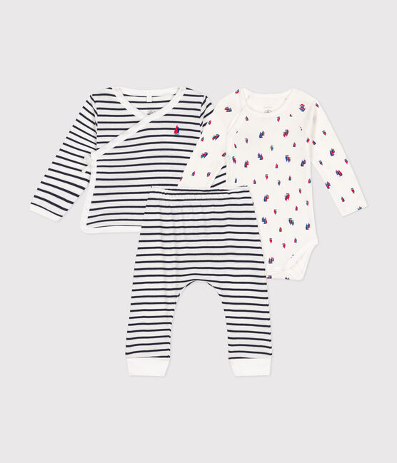 Set 3 pezzi in cotone neonato bianco MARSHMALLOW/blu SMOKING