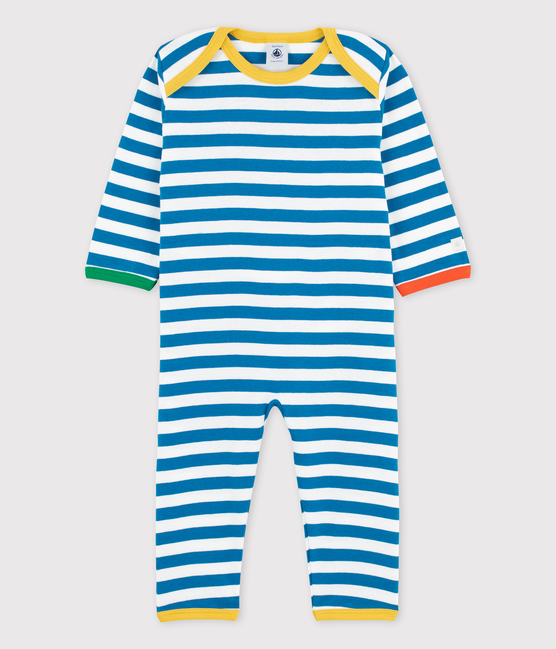 Tutina pigiama senza piedi a righe blu bebè in cotone MALLARD/ MARSHMALLOW