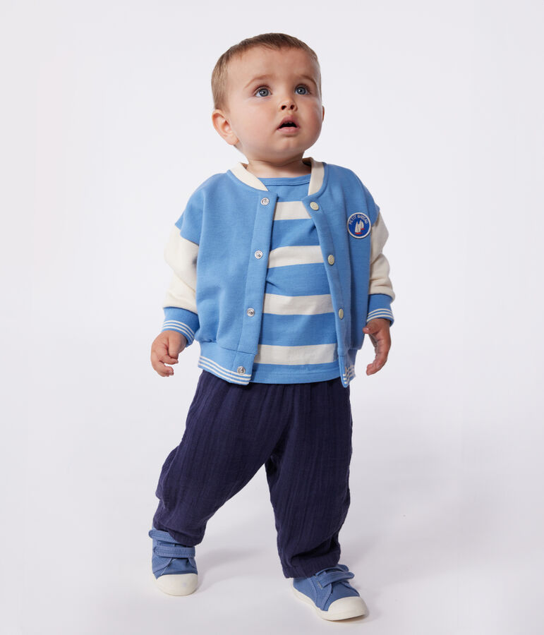 Giacca stile teddy in cotone color block neonato blu/ecru