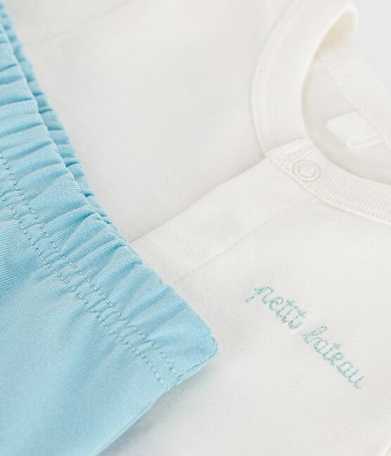 Completo nascita due pezzi in cotone con parte inferiore tinta unita blu MARSHMALLOW/ AQUATIC