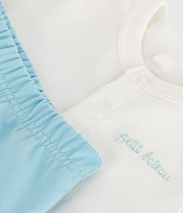 Completo nascita due pezzi in cotone con parte inferiore tinta unita bianco/blu