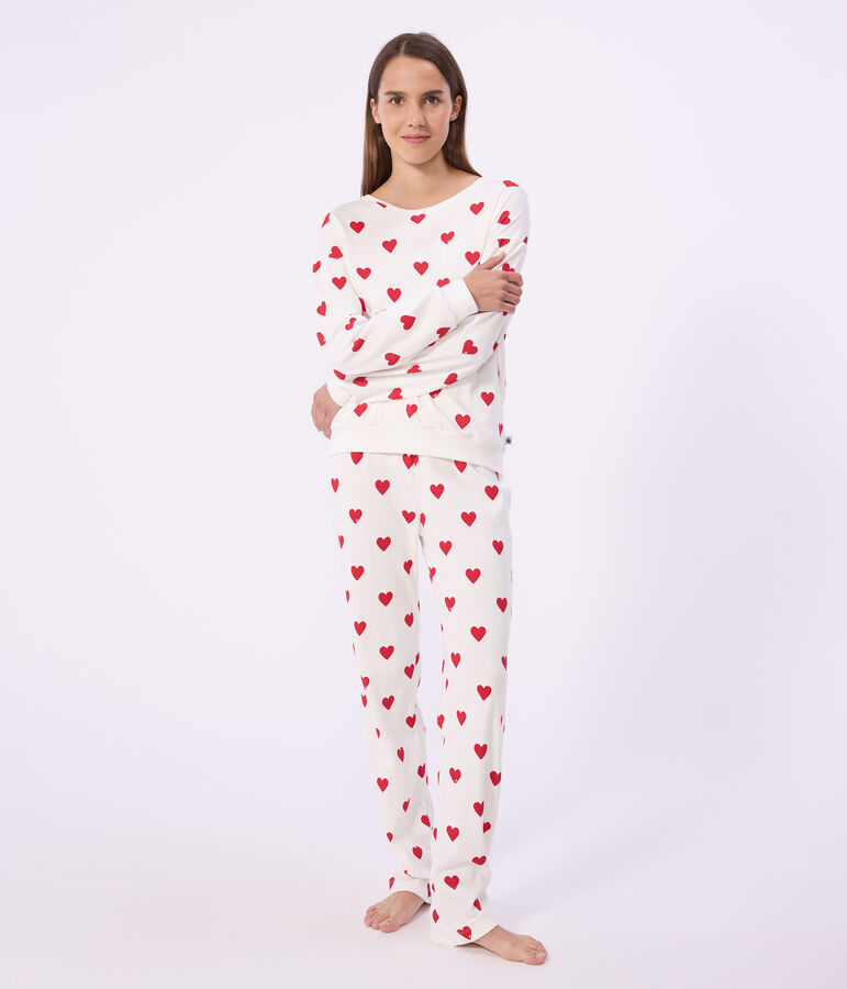 Pigiama in cotone con stampa a cuori donna bianco/rosso
