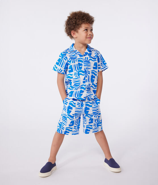 Camicia a maniche corte in cotone con stampa bambino blu MARSHMALLOW/ PORCELANA