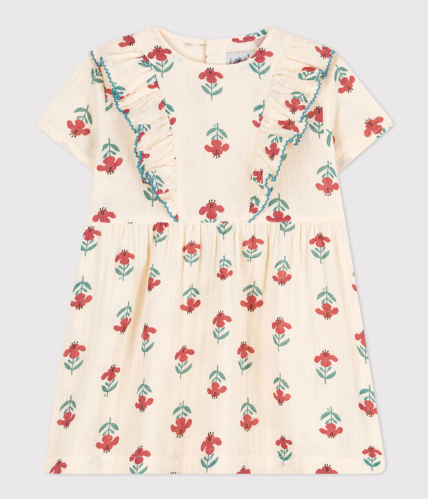 Abito a maniche corte beb&egrave; in garza di cotone stampato ecru/multicolore