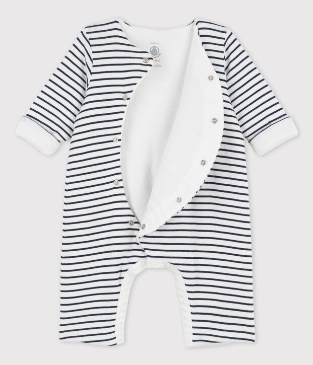 Tutina lunga beb&egrave; in cotone biologico a righe marini&egrave;re bianco/blu
