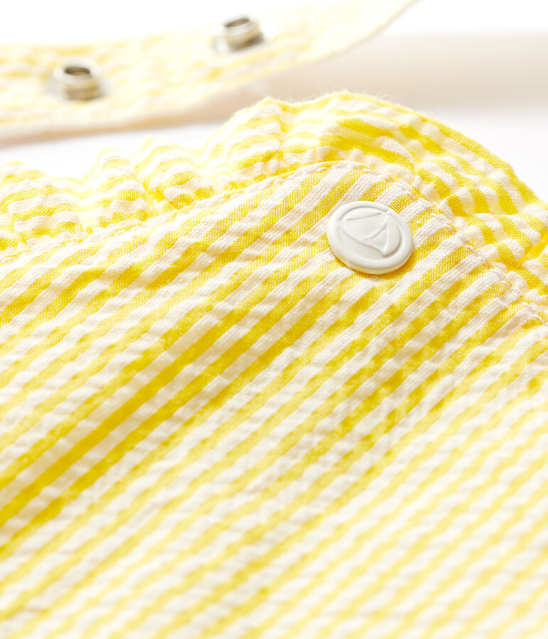Salopette corta in seersucker a righe beb&egrave; femmina giallo/bianco