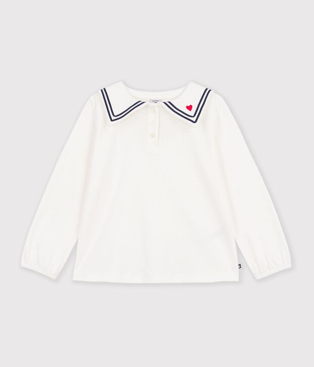 Blusa con colletto e maniche lunghe in cotone tinta unita bambina bianco