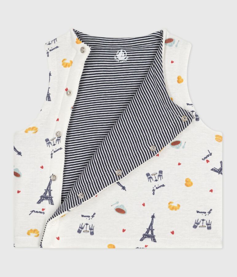 Cardigan senza maniche double face in cotone con stampa neonato bianco/blu