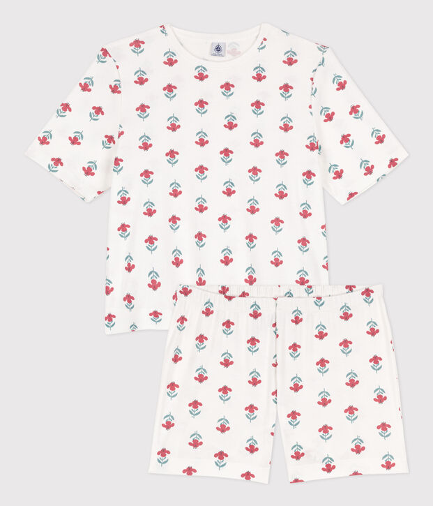 Pigiama donna corto in cotone a fiori bianco/multicolore