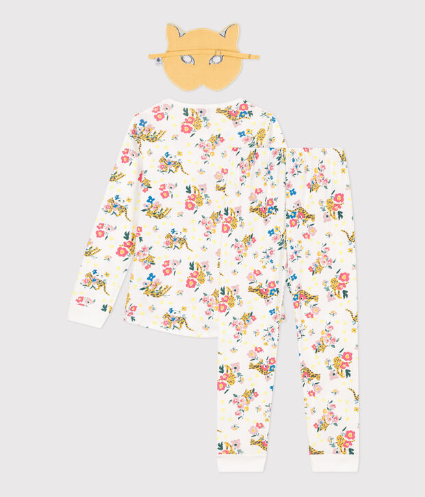 Pigiama bambino travestimento fosforescente in cotone stampato con maschera da pantera bianco/multicolore