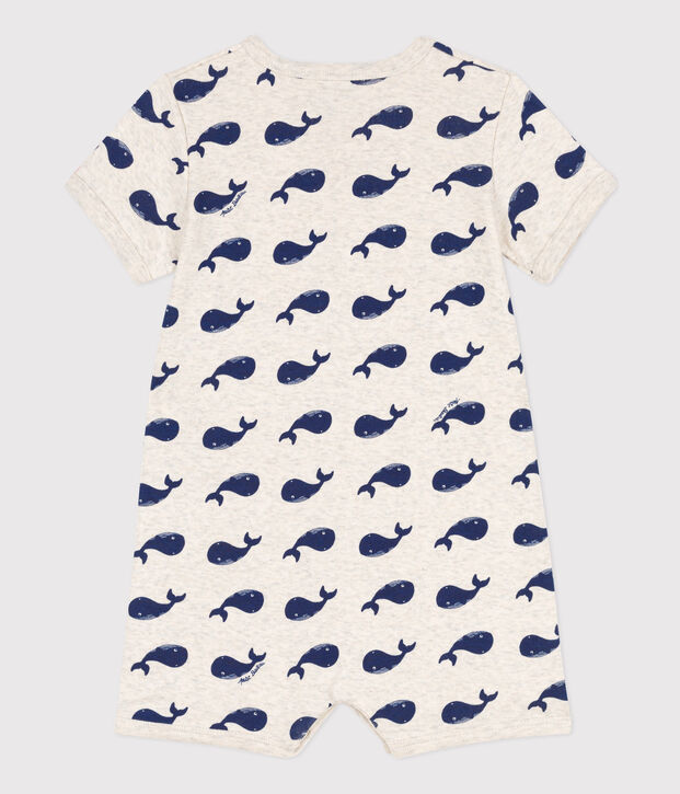 Tutina corta con balene blu in cotone beb&egrave; beige/blu