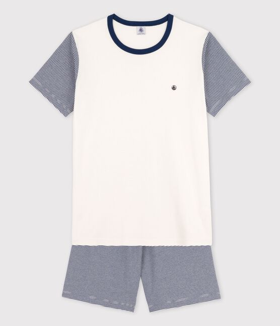 Pigiama corto millerighe blu ragazzo in cotone biologico blu MEDIEVAL/bianco MARSHMALLOW