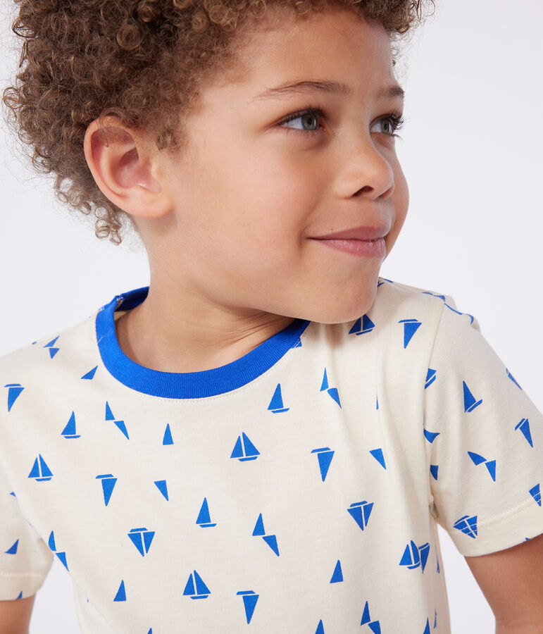 T-shirt a maniche corte in cotone con stampa bambino ecru/blu