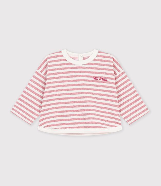 T-shirt a maniche lunghe in cotone a righe neonato. rosa/ecru