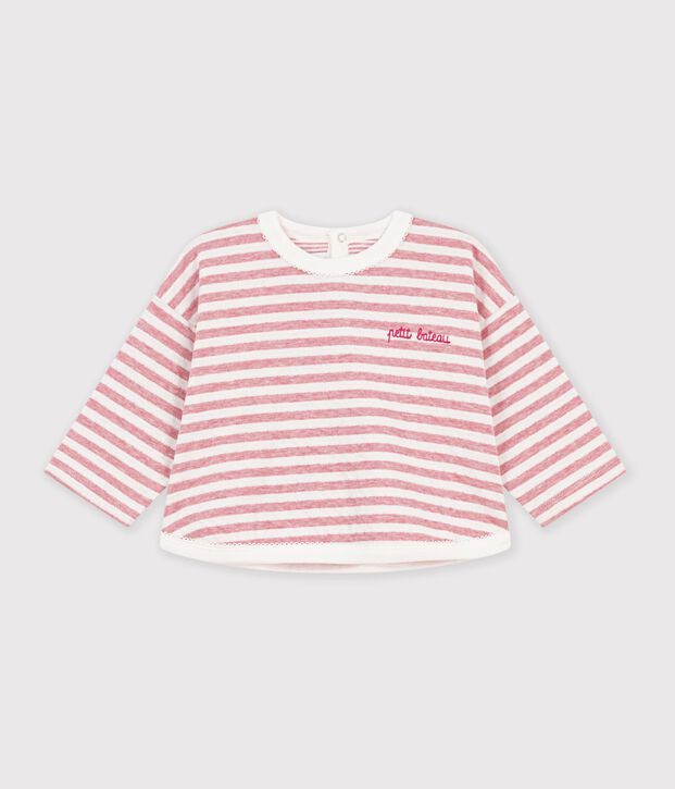 T-shirt a maniche lunghe in cotone a righe neonato. rosa/ecru