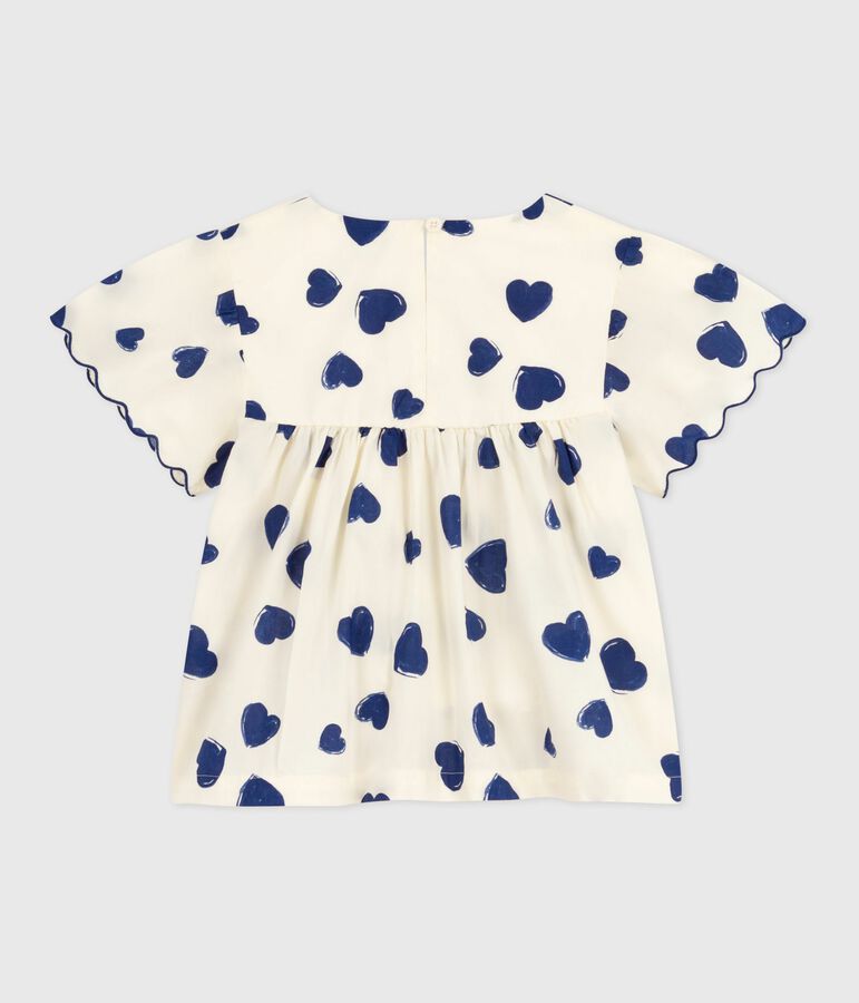 Blusa a maniche corte in popeline di cotone fantasia bambina. ecru/blu