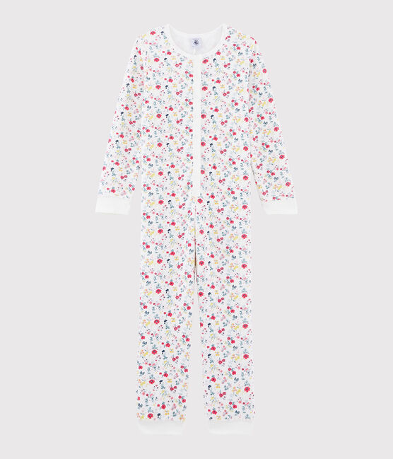 Pigiama intero a fiori bambina in spugna bouclette grattata bianco MARSHMALLOW/bianco MULTICO
