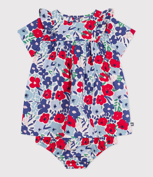 Abito neonata a maniche corte in cotone e bloomer abbinato con stampa a fiori bianco/multicolore