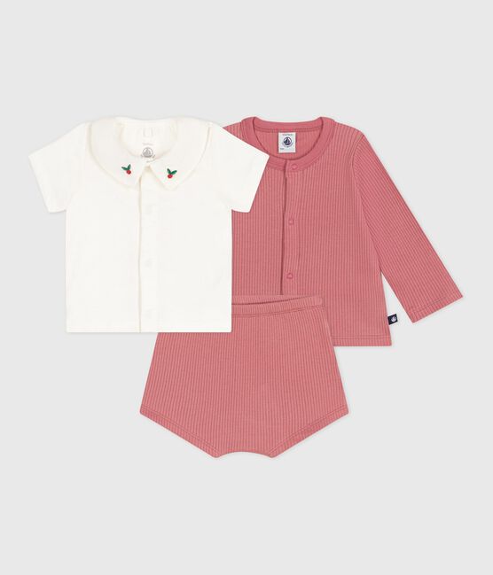 Completo nascita tre pezzi in cotone e T-shirt con scollo ricamato. rosa ROSEWOOD/ MULTICO