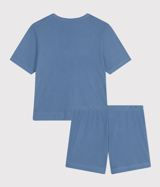 Pigiama donna con pantaloncini e t-shirt in cotone traforato tinta unita blu BEACH