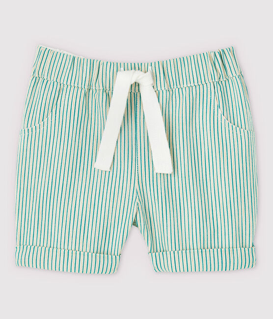 Shorts a righe in tessuto serge bebè maschio bianco MARSHMALLOW/verde GAZON