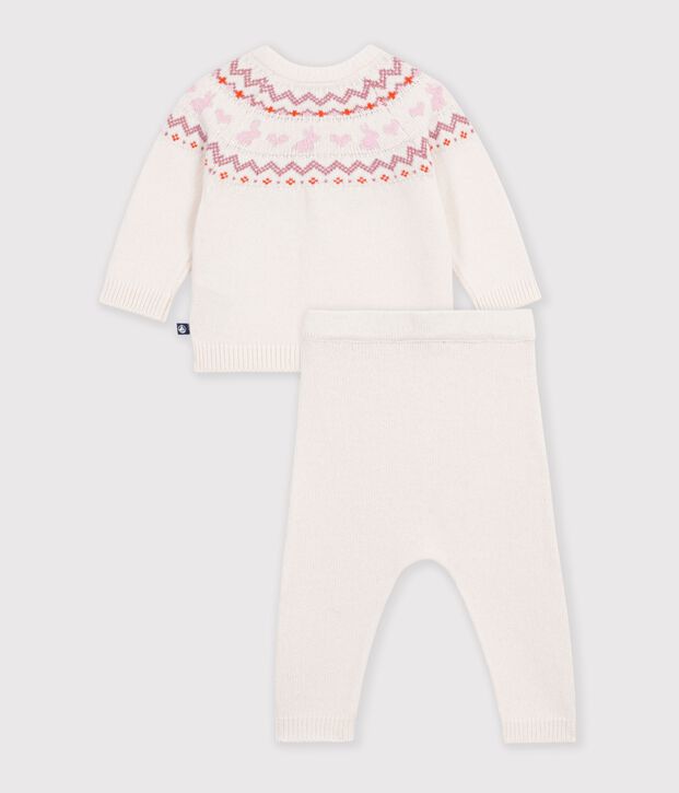 Completo in maglia jacquard fantasia neonato ecru/rosa