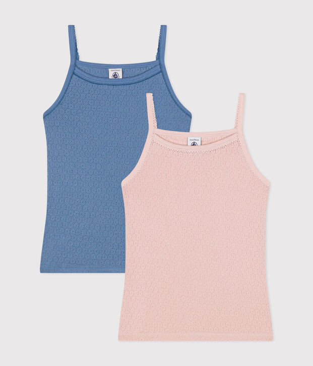 Set di 2 canottiere con spalline sottili in cotone traforato tinta unita bambino multicolore