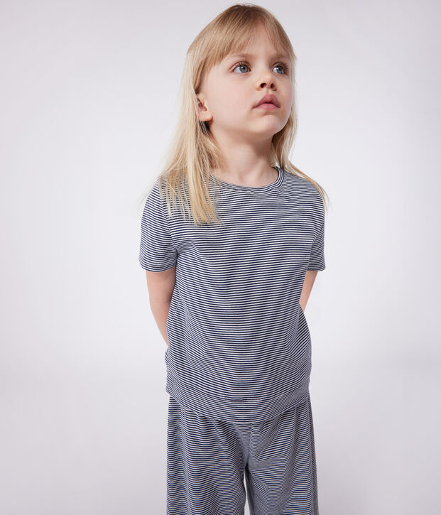 Pigiama a maniche corte e con gamba ampia in cotone a righe bambina blu/bianco