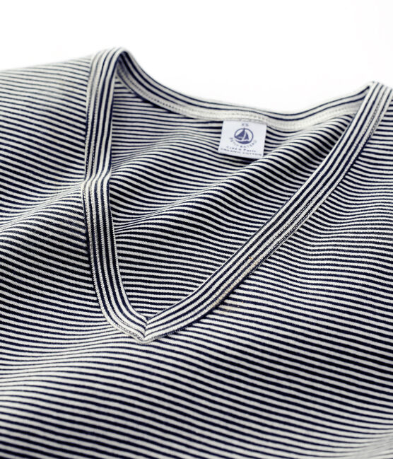 T-shirt L'ICONIQUE scollo a V in cotone donna blu SMOKING/bianco MARSHMALLOW