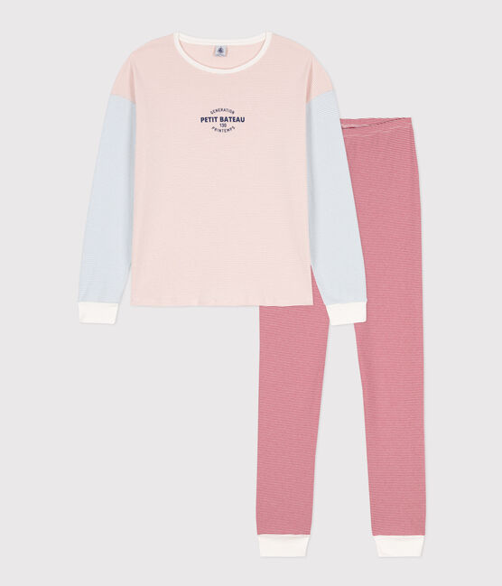 Pigiama millerighe tricolore in cotone donna bianco MARSHMALLOW/bianco MULTICO