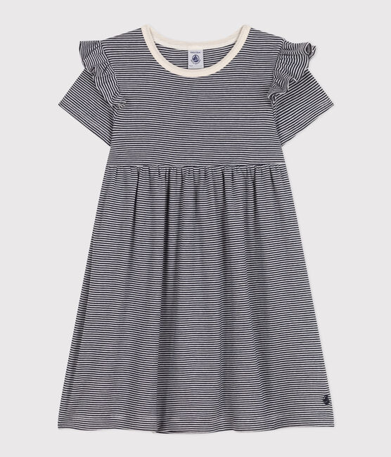 Abito a maniche corte in cotone a righe bambina blu SMOKING/bianco MARSHMALLOW