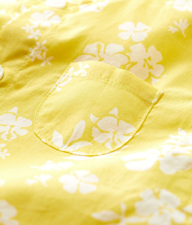 Tutina corta beb&egrave; in popeline biologico con fantasia hawaiana giallo/bianco