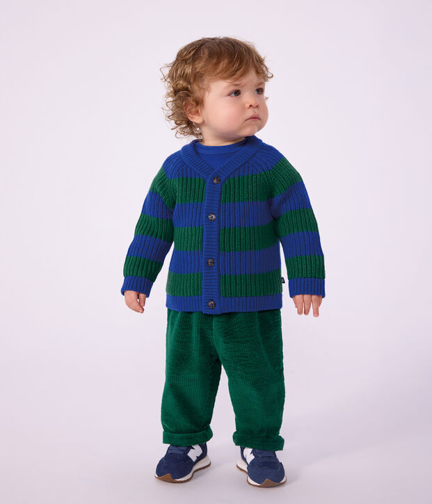 Cardigan in maglia di misto lana e cotone a righe neonato multicolore/verde