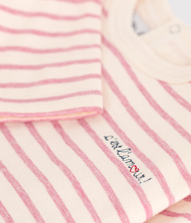T-shirt beb&egrave; a maniche lunghe in tubique ecru/rosa