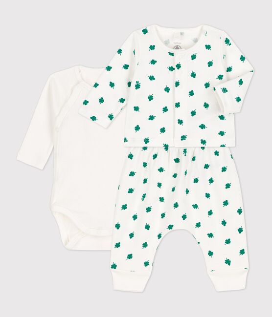 Completo 3 pezzi bebè fantasia vegetale in tessuto felpato biologico bianco MARSHMALLOW/verde GAZON
