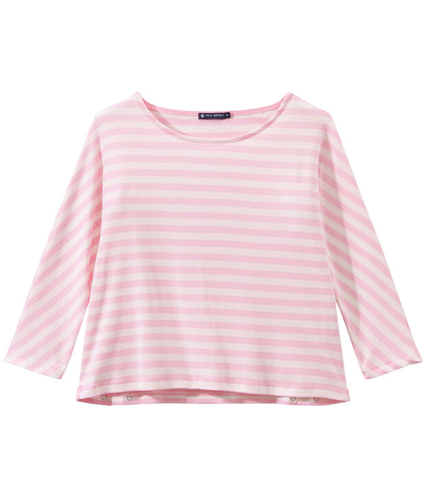 T-shirt donna maniche a 3/4 a righe rosa/bianco
