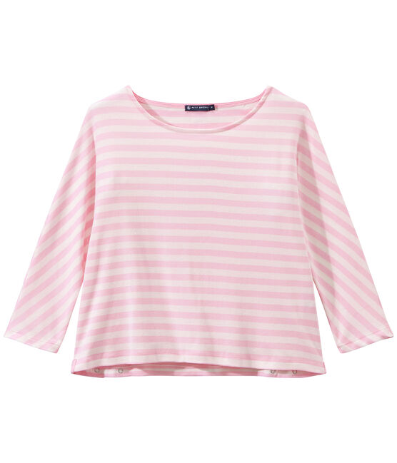 T-shirt donna maniche a 3/4 a righe rosa BABYLONE/bianco MARSHMALLOW