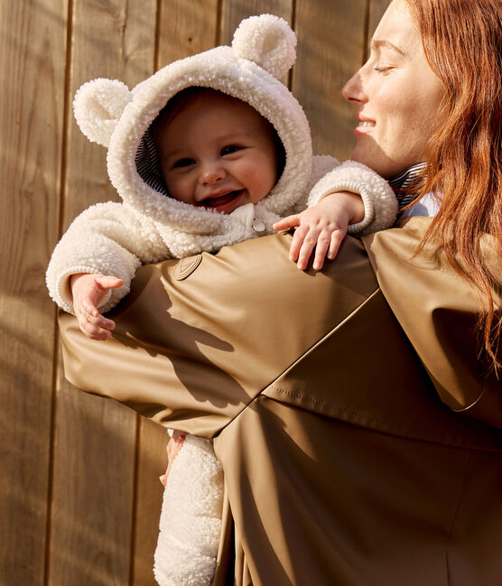 Tutina imbottita in sherpa con orecchie e fodera millerighe neonato ecru MILK