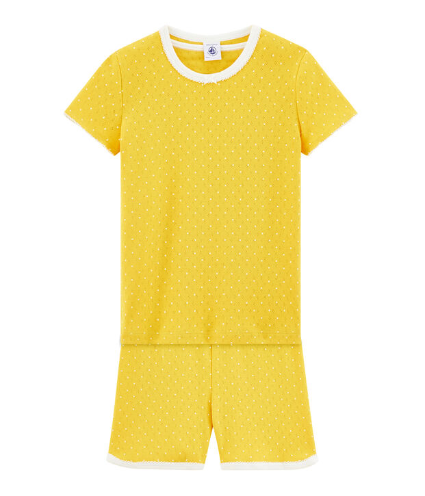 Pigiama corto bambina a costine giallo/bianco