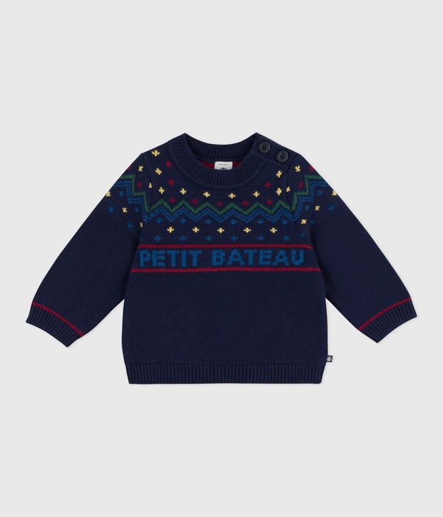 Maglione in misto lana e cotone fantasia neonato blu/multicolore