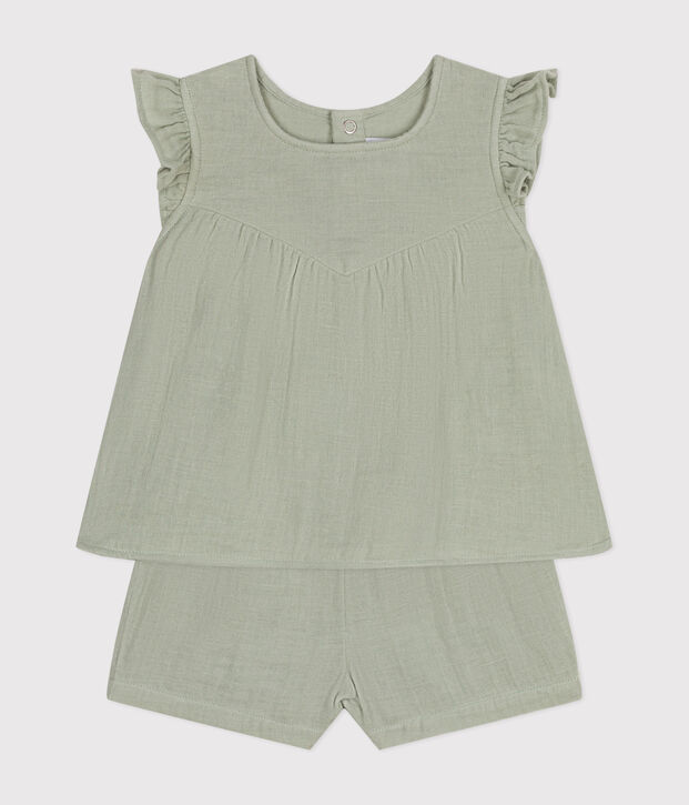 Completo blusa e shorts beb&egrave; in garza di cotone verde